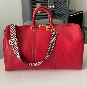 Louis Vuitton Red Epi Leather 45 Boston Bag Keepall Duffel Red Strap XL LV Dusty